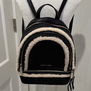 Michael Kors Rhea Black Leather and Cream Shearling Backpack